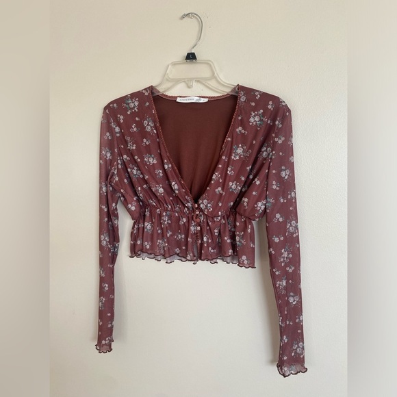 Altar’d State brown Floral Long Sleeve V-neck crop Top size Large NWOT - Picture 3 of 9